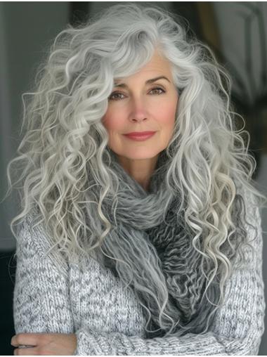 Layered Grey Curly Long Monofilament Ladies Wigs