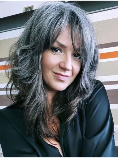 Grey Monofilament Long Wavy Lace Wigs With Bangs