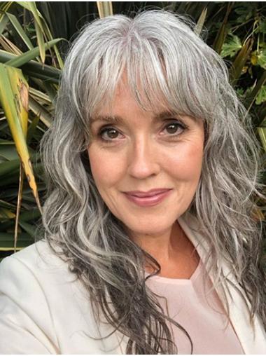 16" With Bangs Wavy Grey Lace Front Wigs