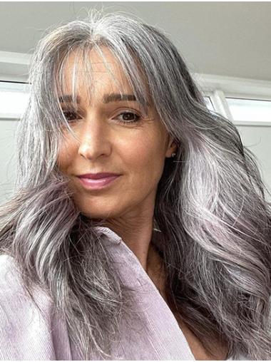 Remy Human Hair 16" Wavy Lace Front Grey Long With Bangs Popular Wig For Woman