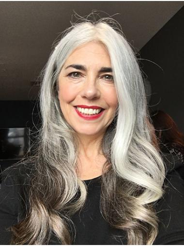 Long Straight Without Bangs Grey Female Lace Wigs