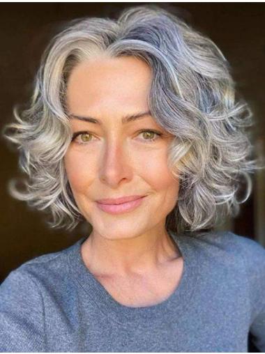 Wavy Chin Length Monofilament Grey 10" Remy Human Hair Bobs Medium Women Wigs