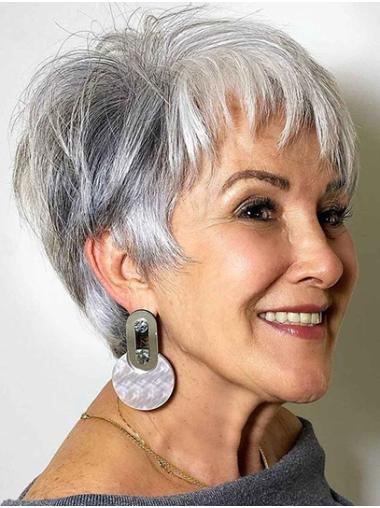 Straight Monofilament Grey 6" Remy Human Hair Bobs Female Short Wig