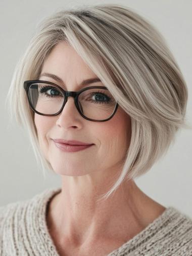 Grey Bob Wig Human Hair Monofilament Chin Length 10" Wigs