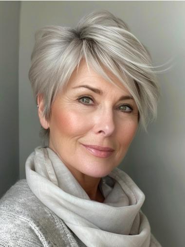 Grey Wig For Elderly Woman Straight Synthetic Monofilament Wigs