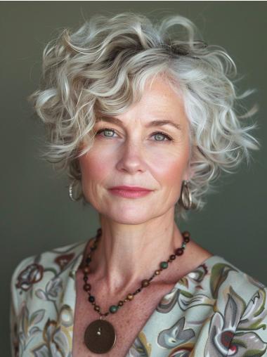 Grey Curly Wig 8" Monofilament With Bangs Remy Human Hair Wigs