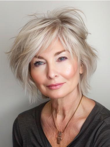 Wigs Grey Hair 8" Monofilament With Bangs Synthetic Wigs