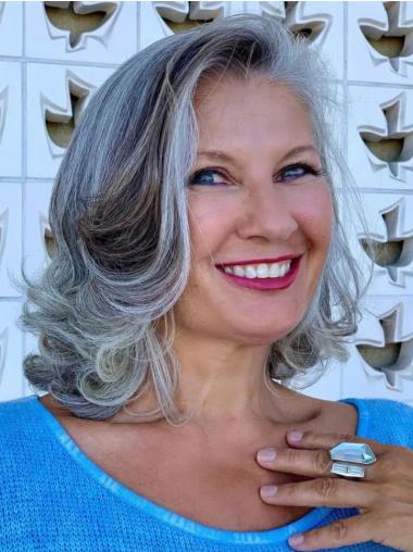 Grey Wigs For Seniors Lace Front Shoulder Length Wavy Wigs
