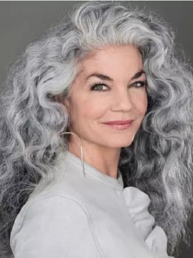 Long Grey Wig Human Hair Curly Lace Front 18" Wigs