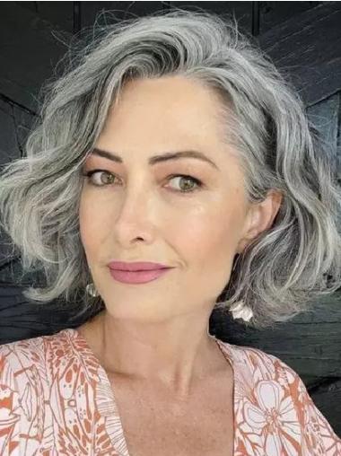 Grey Human Hair Wigs Wavy 10" Without Bangs Wigs