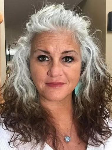 Grey Long Hair Wigs Curly Monofilament 16" Wigs