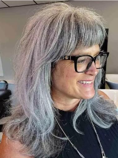 Long Grey Wig With Bangs Straight Monofilament 16" Wigs