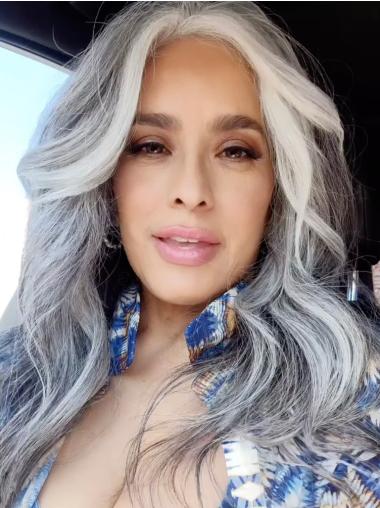 Long Grey Wig Human Hair Wavy Monofilament 18" Wigs