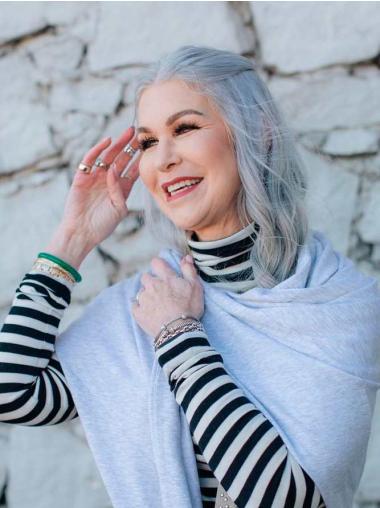 Grey Wigs Medium Length Without Bangs 14" Wavy Wigs