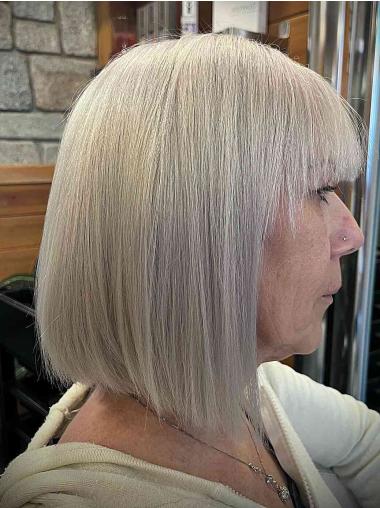 Grey Human Hair Wig Straight 14" With Bangs Wigs