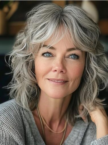 Grey Human Hair Wigs For White Ladies Wavy 14" Layered Wigs