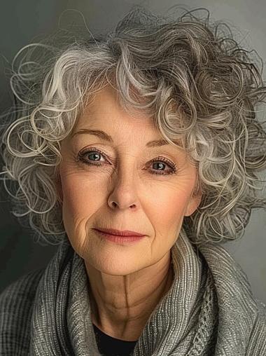 Grey Short Human Hair Wigs Curly 8" Layered Wigs