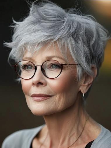 Silver Grey Short Wigs Synthetic With Bangs Monofilament Wigs