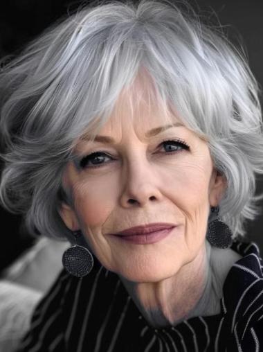 Short Silver Grey Wigs Synthetic With Bangs Monofilament Wigs