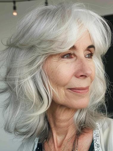 Silver Grey Human Hair Wigs Short Wavy 14" Layered Wigs
