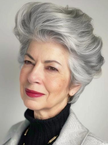 Grey Human Hair Wigs Short Wavy 6" Layered Wigs