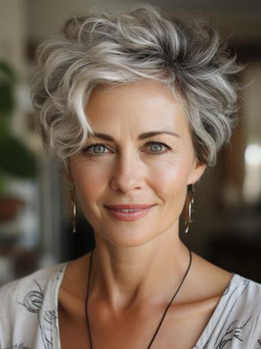 Grey Short Hair Wig Synthetic Layered Monofilament Wigs