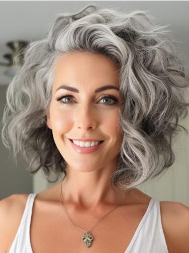 Grey Human Hair Wigs For White Women Wavy 12" Layered Wigs