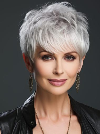 Grey Human Hair Wigs Short With Bangs Monofilament Wigs