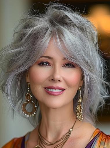 Lace Front Wigs Grey Hair Chin Length 12" Layered Wigs