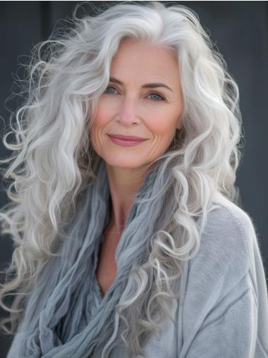 Long White Grey Human Hair Wigs Curly Lace Front 20" Wigs