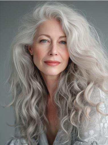 Long Grey Wig Human Hair Curly Lace Front 18" Wigs