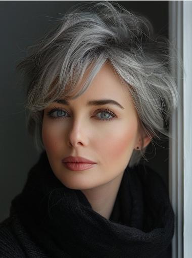 Short Wavy Grey Wig Synthetic With Bangs Lace Front Wigs