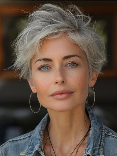 Grey Short Human Hair Wigs With Bangs Lace Front Wigs