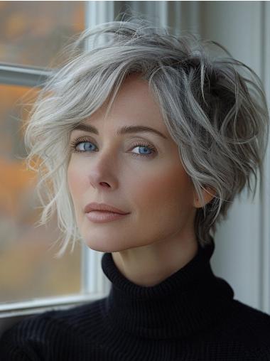 Short Straight Grey Wig Synthetic Layered Lace Front Wigs