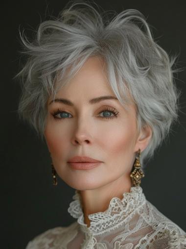 Grey Human Hair Wigs Short Layered Lace Front Wigs