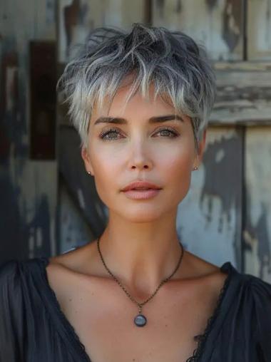 Grey Short Human Hair Wigs Boycuts Monofilament Wigs