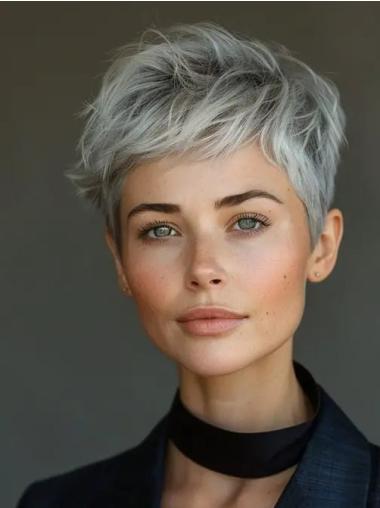 Short Grey Wigs For Ladies Synthetic Boycuts Monofilament Wigs