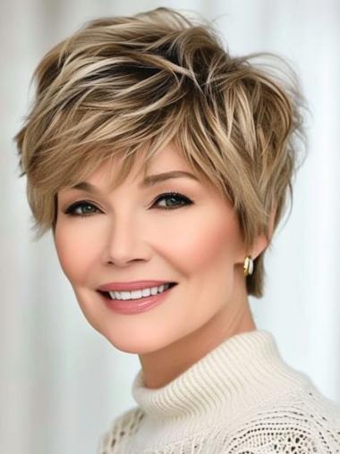 Short Pixie Cut Wigs Human Hair Monofilament 6" With Bangs Wigs