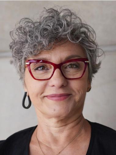 Short Grey Wigs For Older Ladies Boycuts 4" Curly Monofilament Wigs