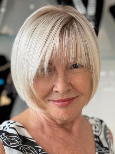 Short Blonde Wig Human Hair 8" Monofilament Bobs Straight Wigs