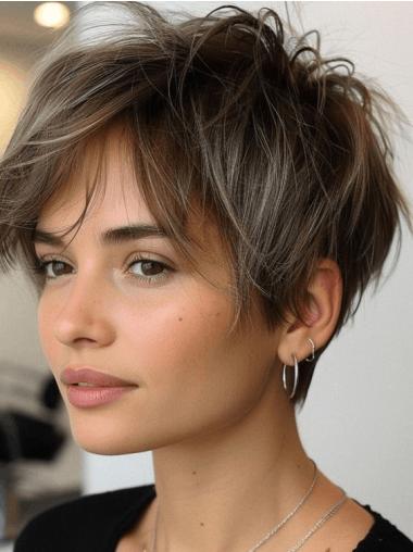 Short Pixie Wigs Human Hair Brown 4" Monofilament Wigs