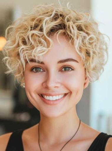 Short Blonde Curly Wig 6" Lace Front Synthetic Layered Wigs