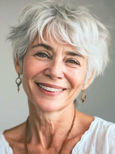 Short Grey Wigs For Older Ladies Synthetic 6" Layered Wigs