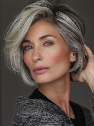 Short Grey Human Hair Wigs Monofilament 8" Bobs Wigs