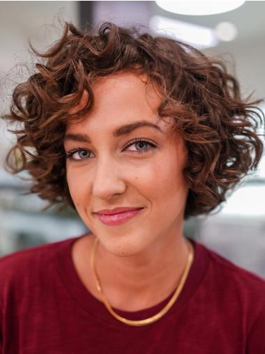 Short Curly Wigs Human Hair 8" Monofilament Brown Wigs