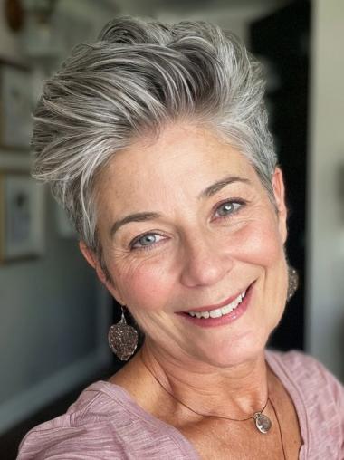 Short Human Hair Wigs For Women Grey 4" Monofilament Wigs