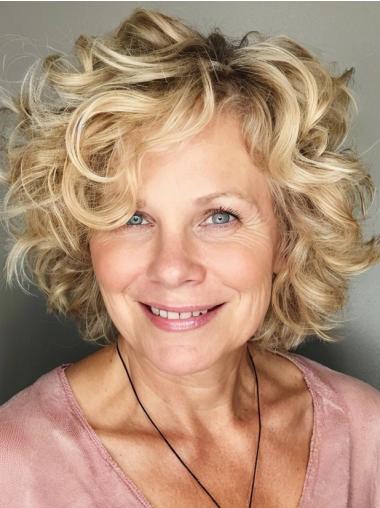 Short Curly Blonde Wigs Human Hair 10" Monofilament With Bangs Wigs