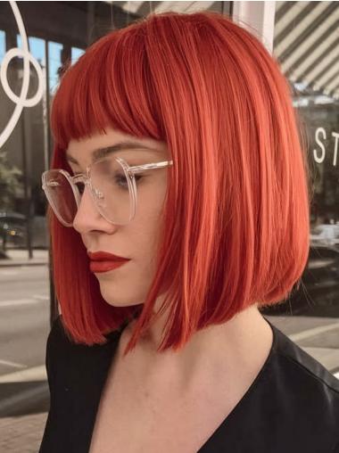 Women Bob Wigs 10" Monofilament With Bangs Red Straight Wigs