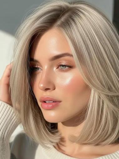 Silver Grey Wigs Bob Remy Human Hair Lace Front 12" With Bangs Wigs