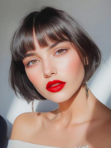 Short Black Bob Wig 8" Monofilament With Bangs Remy Human Hair Wigs